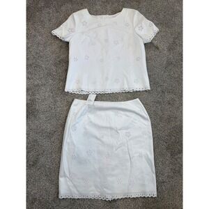 Talbots White Cotton Eyelet Skirt Set Floral Scalloped 2 Piece Suit NWT Size 12